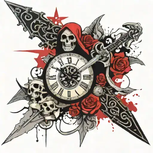 Sword San Miguel Santa Muerte Roman Clock Background Decorated With Catrinas And Rose