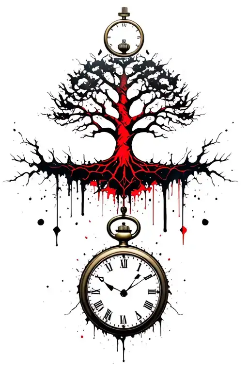 Tree Of Life Intertwined With Roots That Wrap Around And Go Into A Cracked Pocket Watch