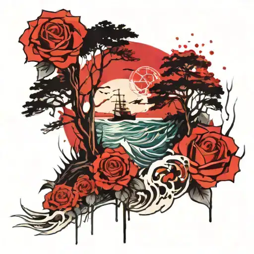 Redwood Trees And Roses And Ocean Wave Crashing