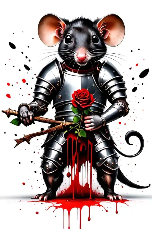Hurt Rat In Knight Armour Without Helmet Holding A Black Rose