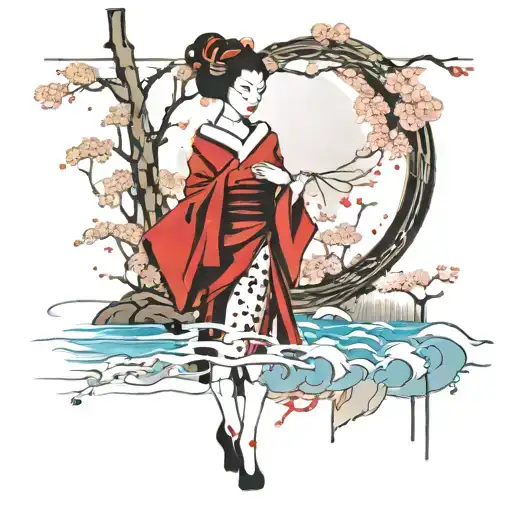 Geisha Emerging From Lake With A Cherry Blossom Tree In The Background