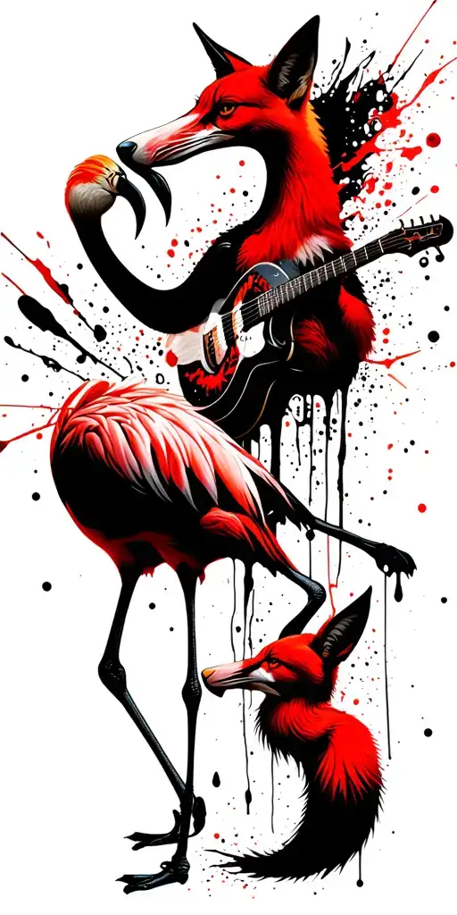 Flamingo And A Fox Playing