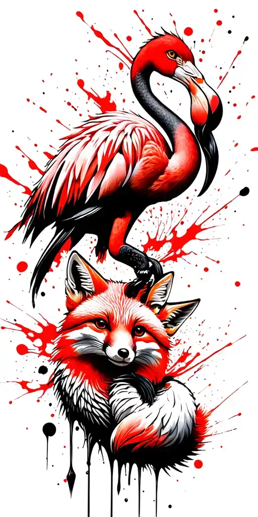 Flamingo And A Fox Playing Together