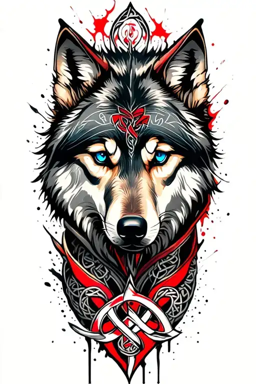 Wolf With Blue Eyes On Armor Tattoo Design Featuring Celtic Trinity Knot