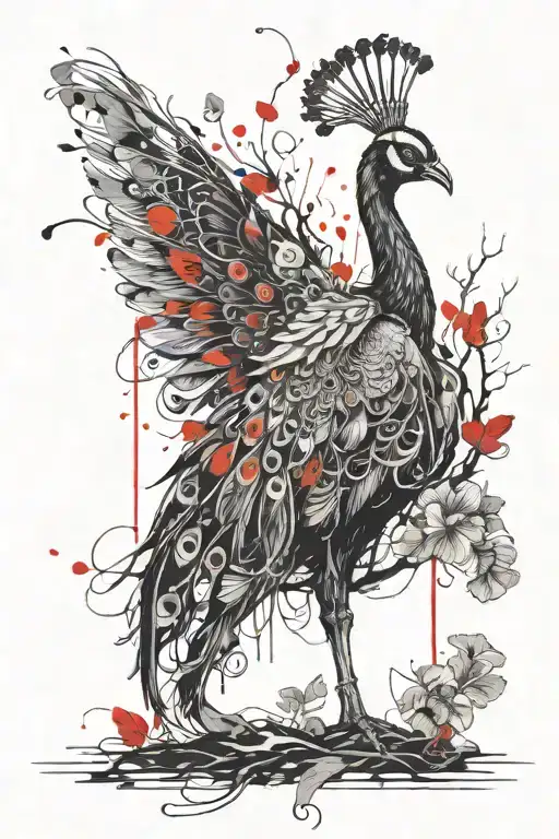 Skeleton Peacock On A Tree With Tail Flowing Down