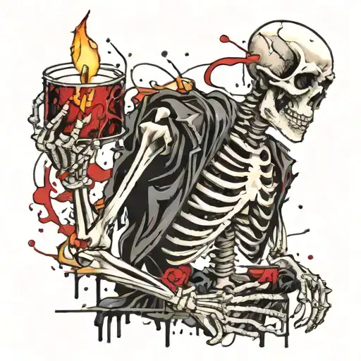 Skeleton Holding Candle Burning