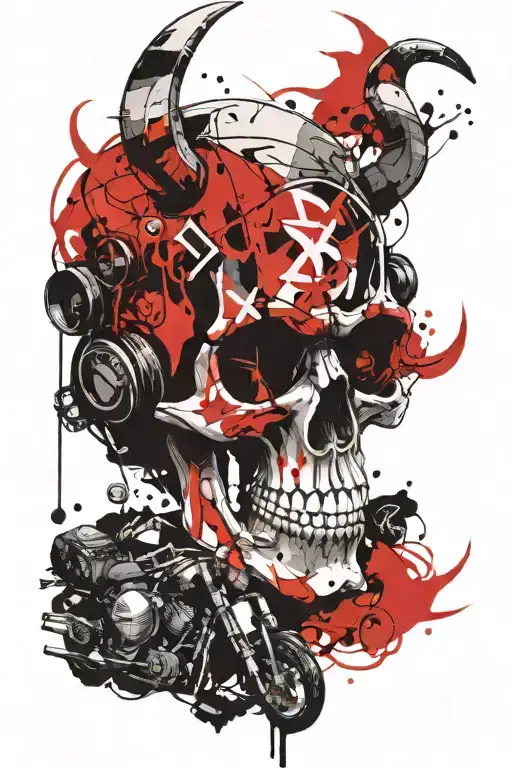 Biker Skull With Devil Horns On His Helmet