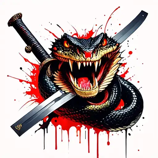 Cobra Wrapping Around A Katana With Its Fangs Showing