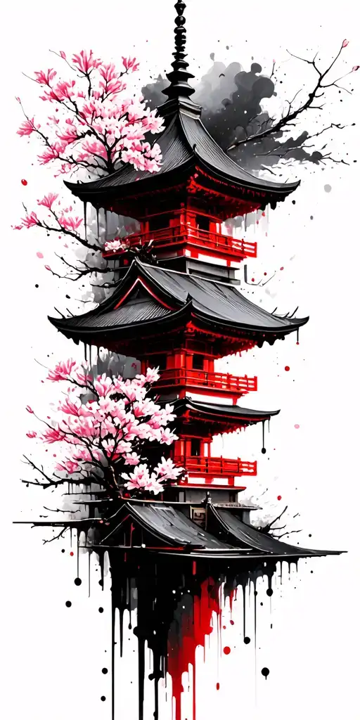 Pagoda Temple With Cherry Blossom