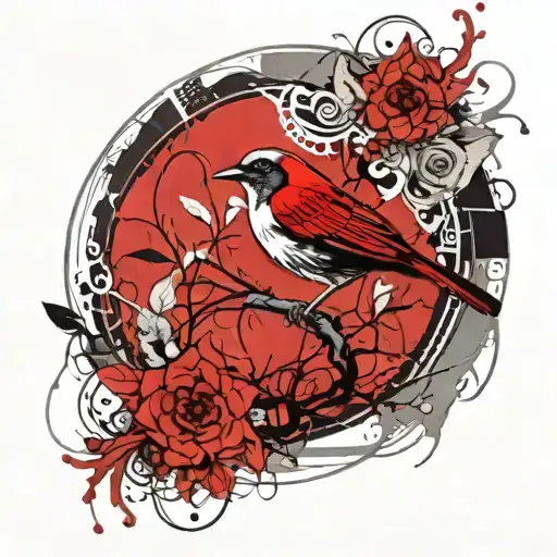 Nightingale On A Red Background Of A Red Circle In An Arch Entwined With A Liana