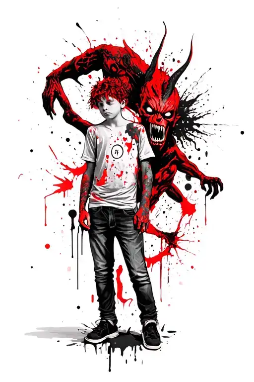A Boy Standing With A Scary Demon Grabbing Him From Behind