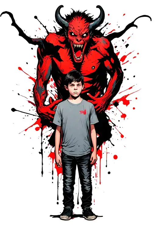 A Boy Standing With A Scary Demon Grabbing Him From Behind