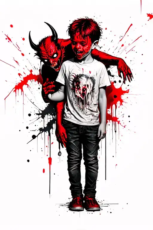 A Boy Standing With A Scary Demon Grabbing Him From Behind
