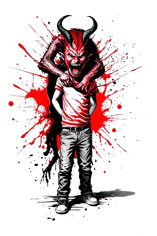 A Boy Standing With A Scary Demon Grabbing Him From Behind
