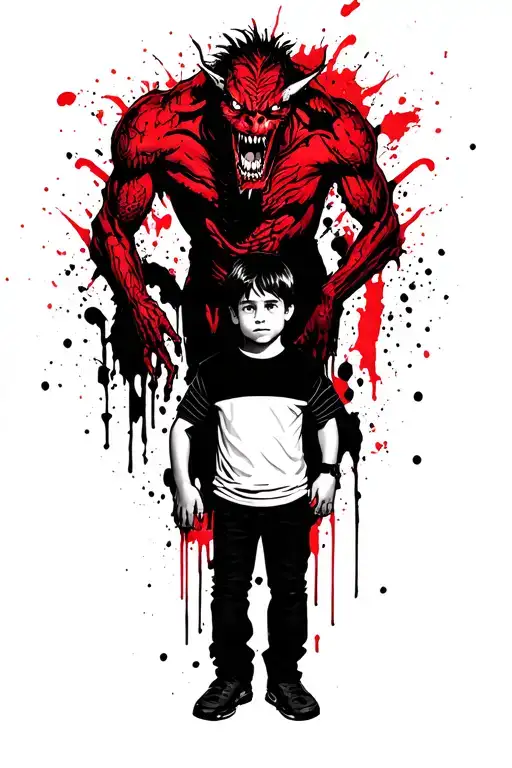 A Boy Standing With A Scary Demon Wrapped Around Him