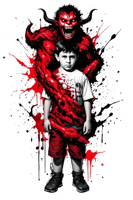 A Boy Standing With A Scary Demon Wrapped Around Him