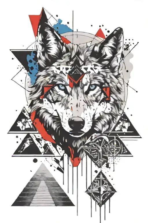 Wolf Face With Blue Eyes Surrounded By Egypt Moon And Pyramids