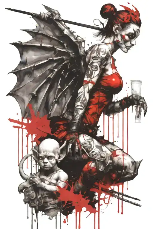 Female Gargoyle Warrior With Her Toddler