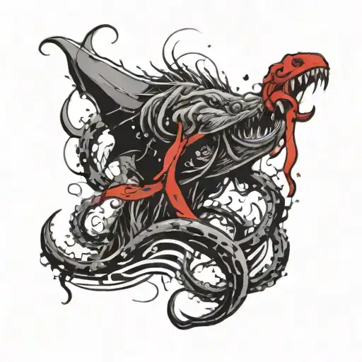 A Dog Standing Guard Against A Kraken Emerging From The Depths