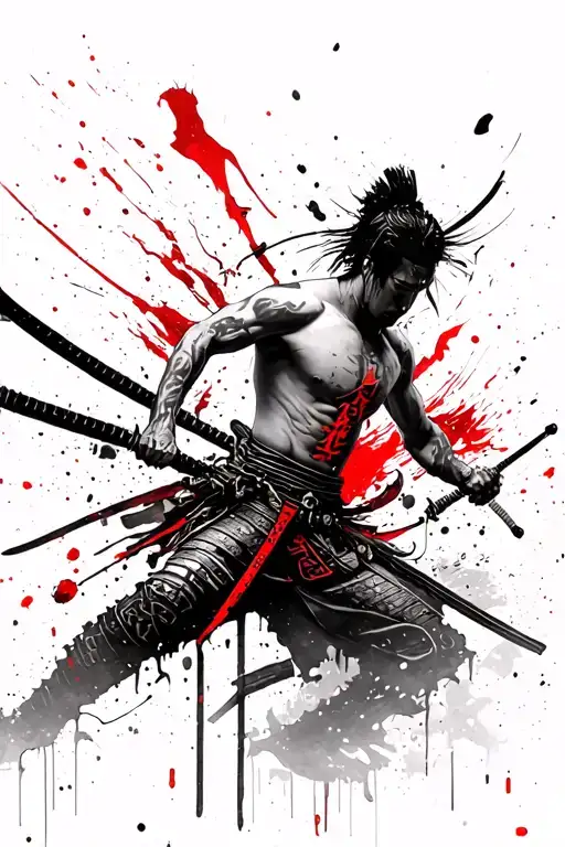 Samurai Without Shirt Fight Shadows In Distance