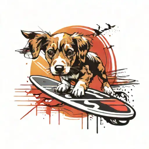 A Realistic Portrait Of A Puppy On A Surfboard With A Sun Setting Over The Beach In The Background