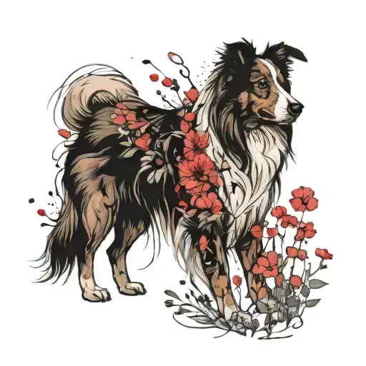 A Simple Line Tattoo Of A Sable Floppy Eared Scotch Collie Surrounded By Wildflowers