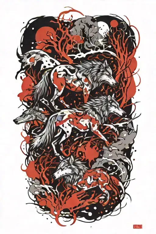 Wolves And Horses Framed By Thunderstorms In A Forest With Snow