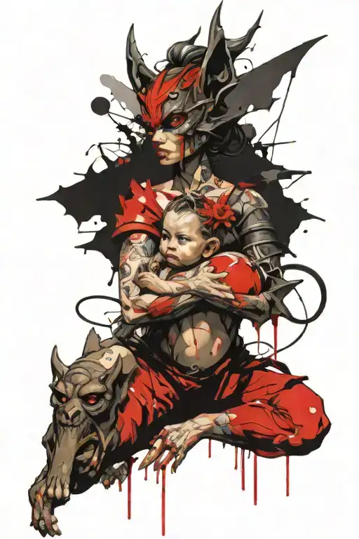 Female Gargoyle Warrior With Her Toddler