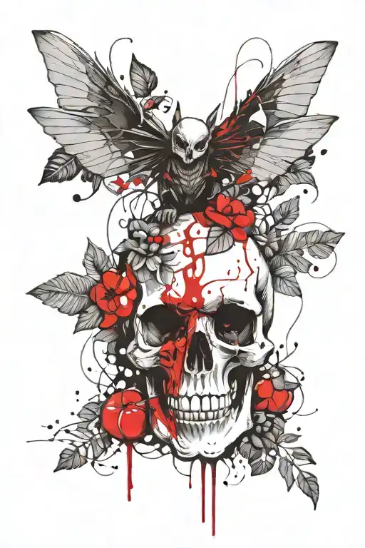 Skull With Fruit Bats And Plants Intertwined