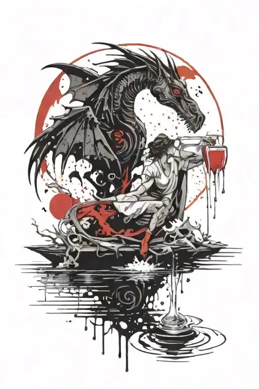 A Tattoo Design Of A Graceful Thestral Drinking Water From A Moonlit Lake While A Small Girl Waits
