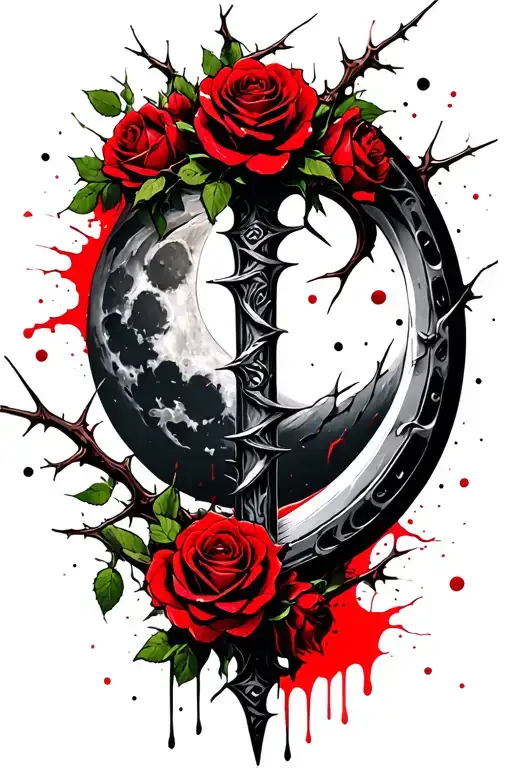 A Sickle Covered With Thorn Branches Bloomed Red Roses Under The Moon