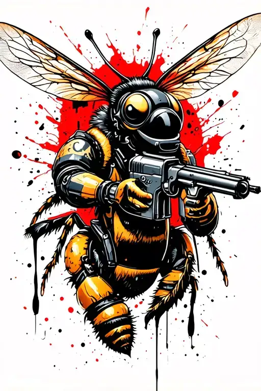 Trash Polka Style Tattoo Featuring A Mechanical Bee Shooting Guns Based On The Seabee Mascot