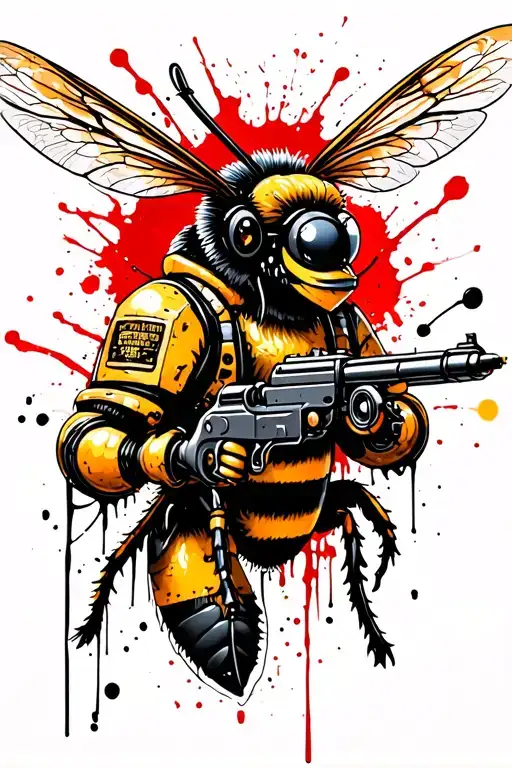 Trash Polka Style Tattoo Featuring A Mechanical Bee Shooting Guns Based On The Seabee Mascot