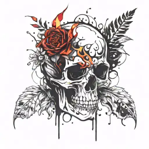 Skull With Fire Skull And Flowers Growing