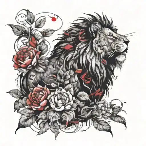 Lion Head With Vine Leaves And Peony Flowers