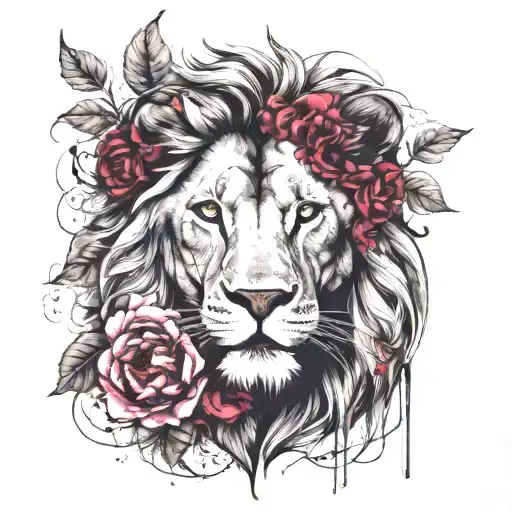 Lion Head With Vine Leaves And Peony Flowers
