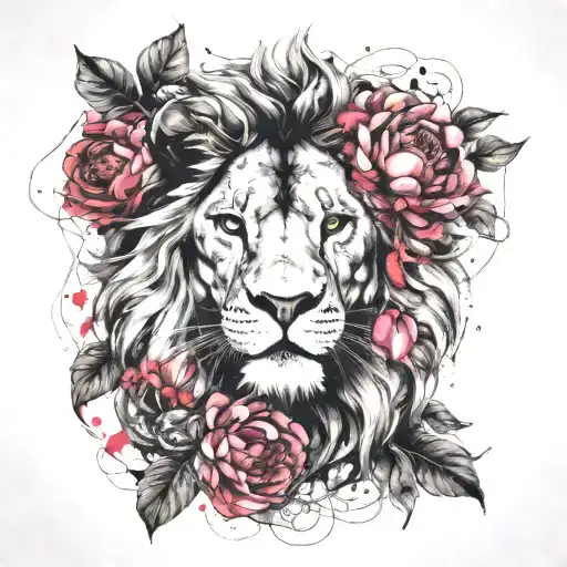 Lion Head With Vine Leaves And Peony Flowers