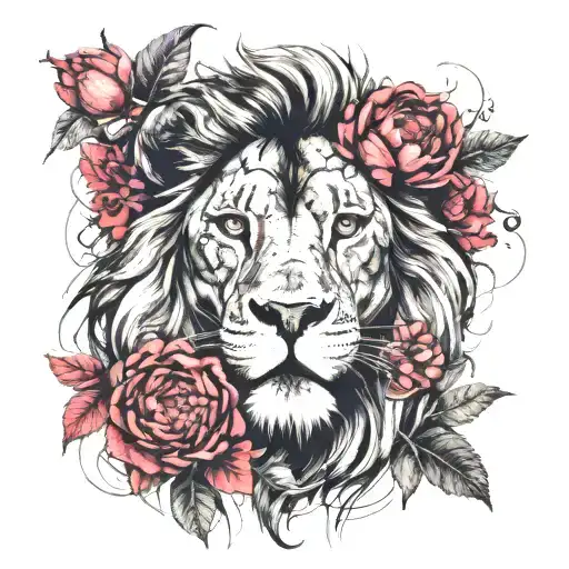 Lion Head With Vine Leaves And Peony Flower Blooming