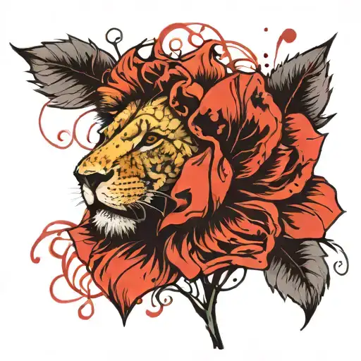 Lion Head And Vine Leaves Intertwined Single Poppy Flower