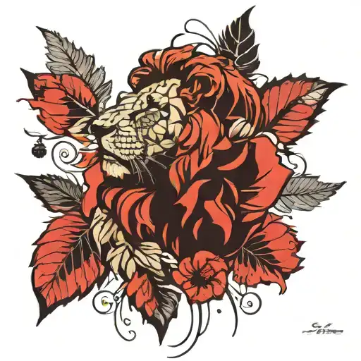 Lion Head And Vine Leaves Intertwined Single Poppy Flower