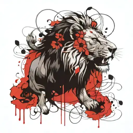 Lion Head And Vine Leaves Intertwined Single Poppy Flower