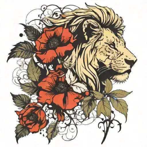 Lion Head And Vine Leaves Intertwined Single Poppy Flower