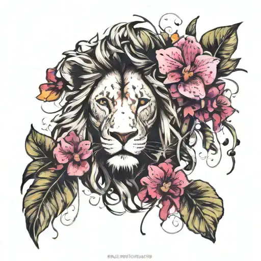 Lion Head And Vine Leaves Intertwined With Orchids