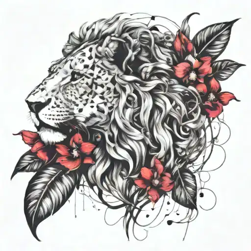 Lion Head And Vine Leaves Intertwined With Orchids