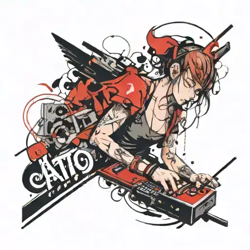 A Tattoo Design Combining Musical Notes And Anime Characters In A Video Game Setting