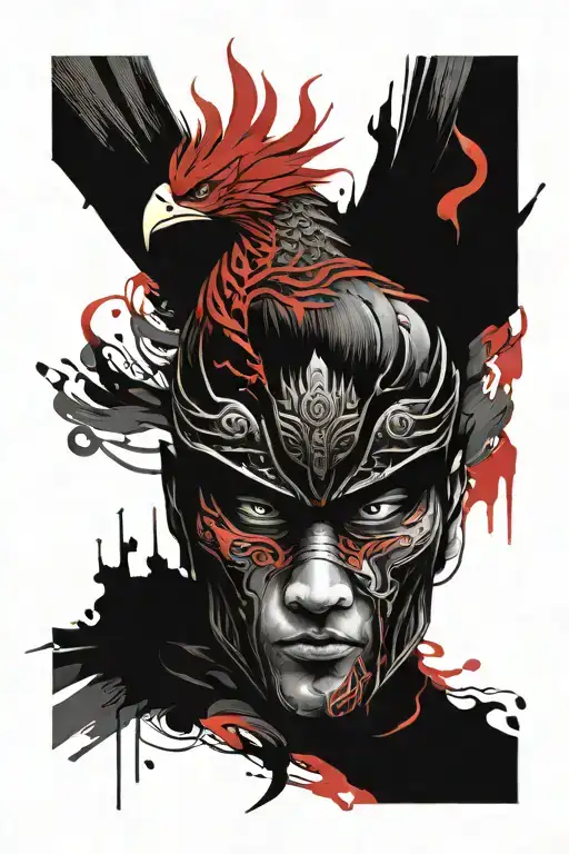 Samurai Mask And Phoenix Rising From A Spark Of Flame