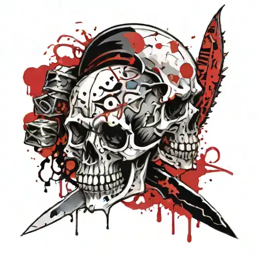 A Creepy Black And Grey Skull Surrounded By Horror Movie Symbols Like A Knife And Blood