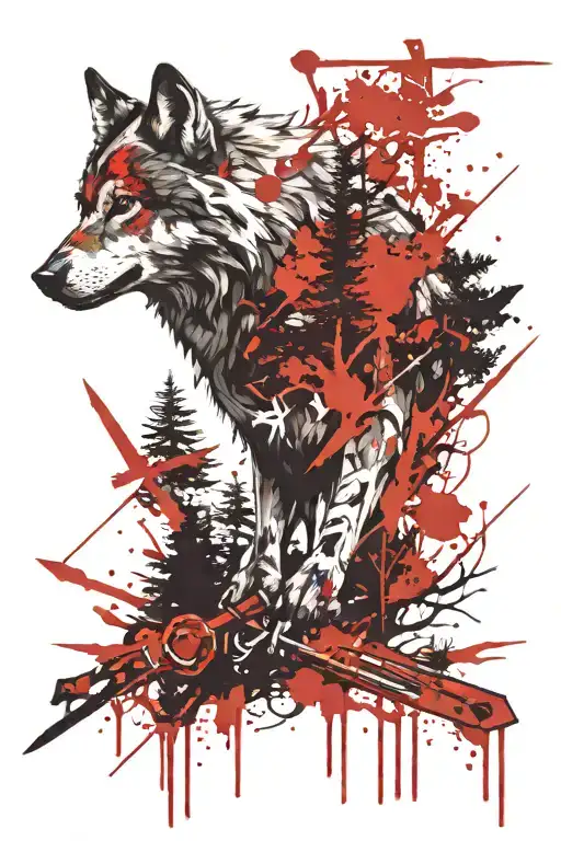 Wolf And Sword And Pine Trees