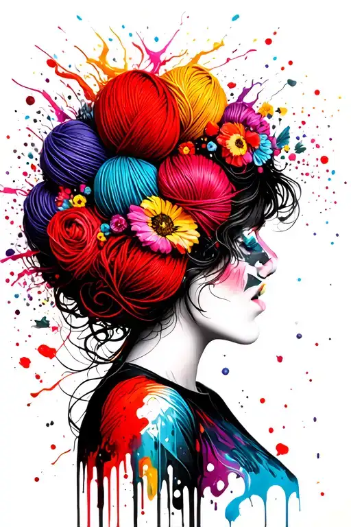 Woman Face Side Profile With Colorful Yarn Exploding Out Of Top Of Head Surrounded By Flowers