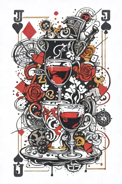 Glass Of Wine And Cup Of Coffee With Playing Card Poker And Letter J